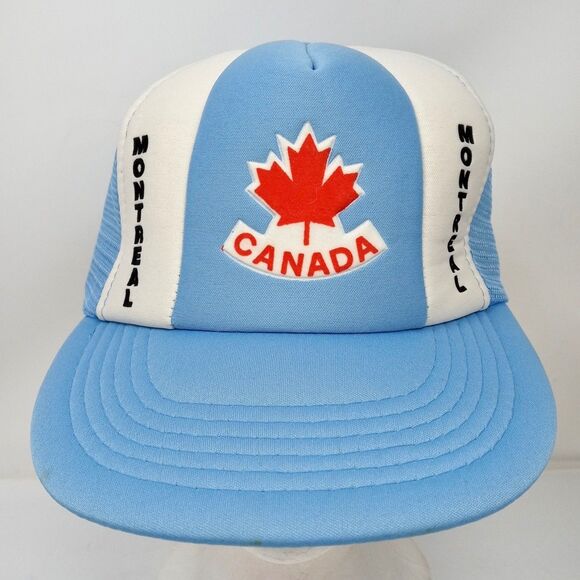 Vintage Montreal Canada Snapback Hat Mesh Trucker Cap 90s Maple Leaf Blue White - Picture 2 of 9